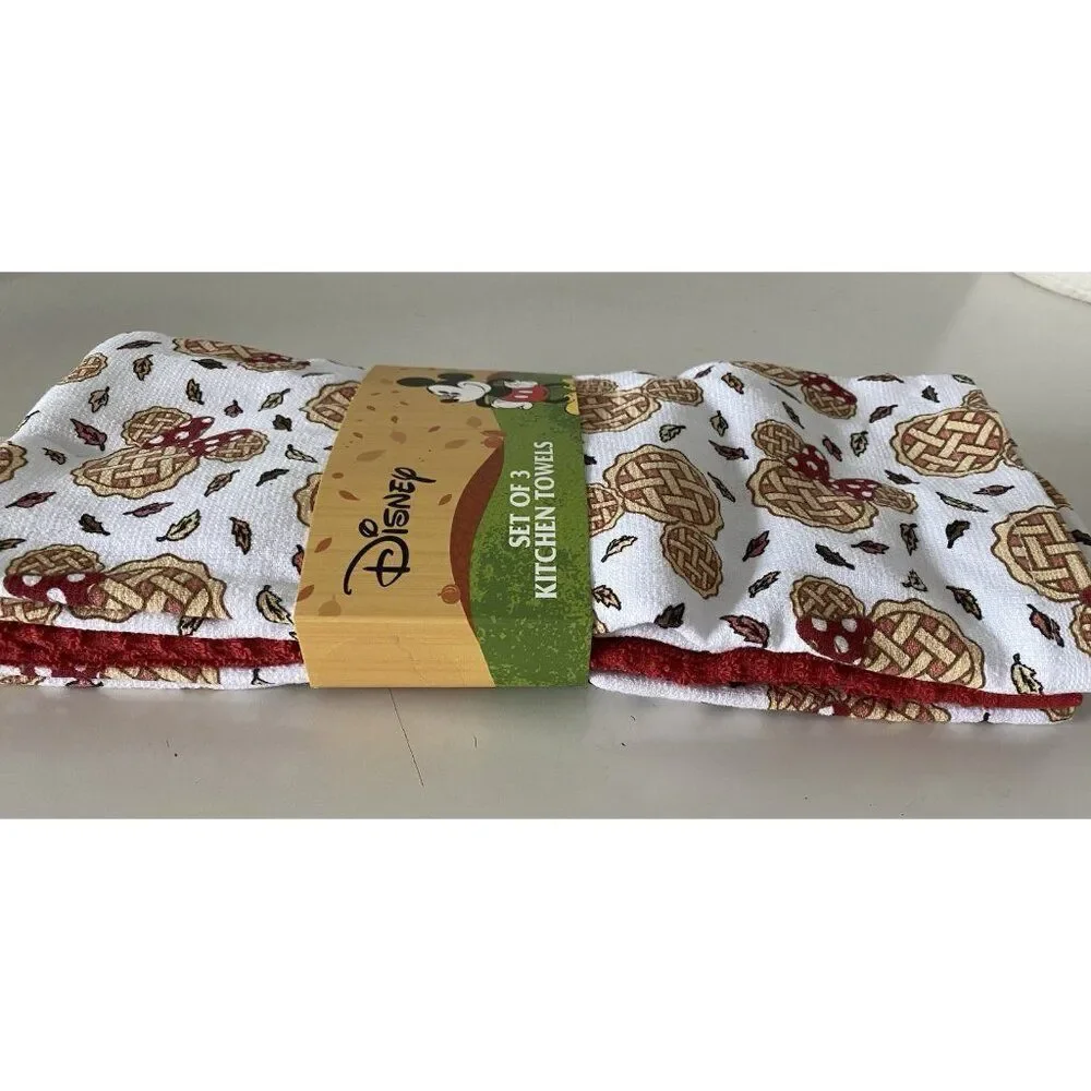 3 Pack Disney Mickey Minnie Mouse Autumn Fall Pie Leaves Kitchen Towels 16 X 26”